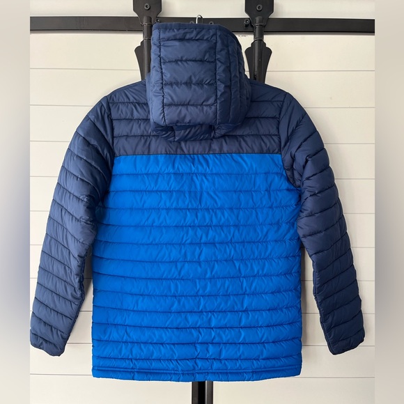 Columbia Boys XL Powder Lite Navy Blue Yellow Hooded Puffer Coat Omni Heat 18/20 - Picture 5 of 6